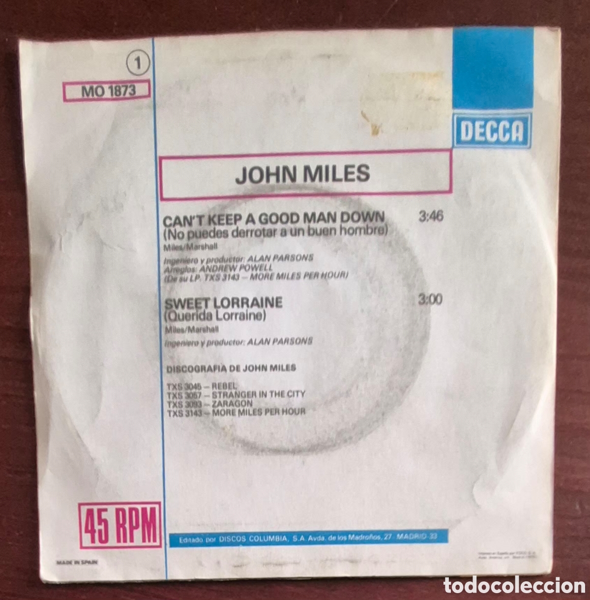 Discos de vinilo: SINGLE - JOHN MILES - CANT KEEP A GOOD MAN DOWN - 1979 ESPA&Ntilde;A - Foto 2