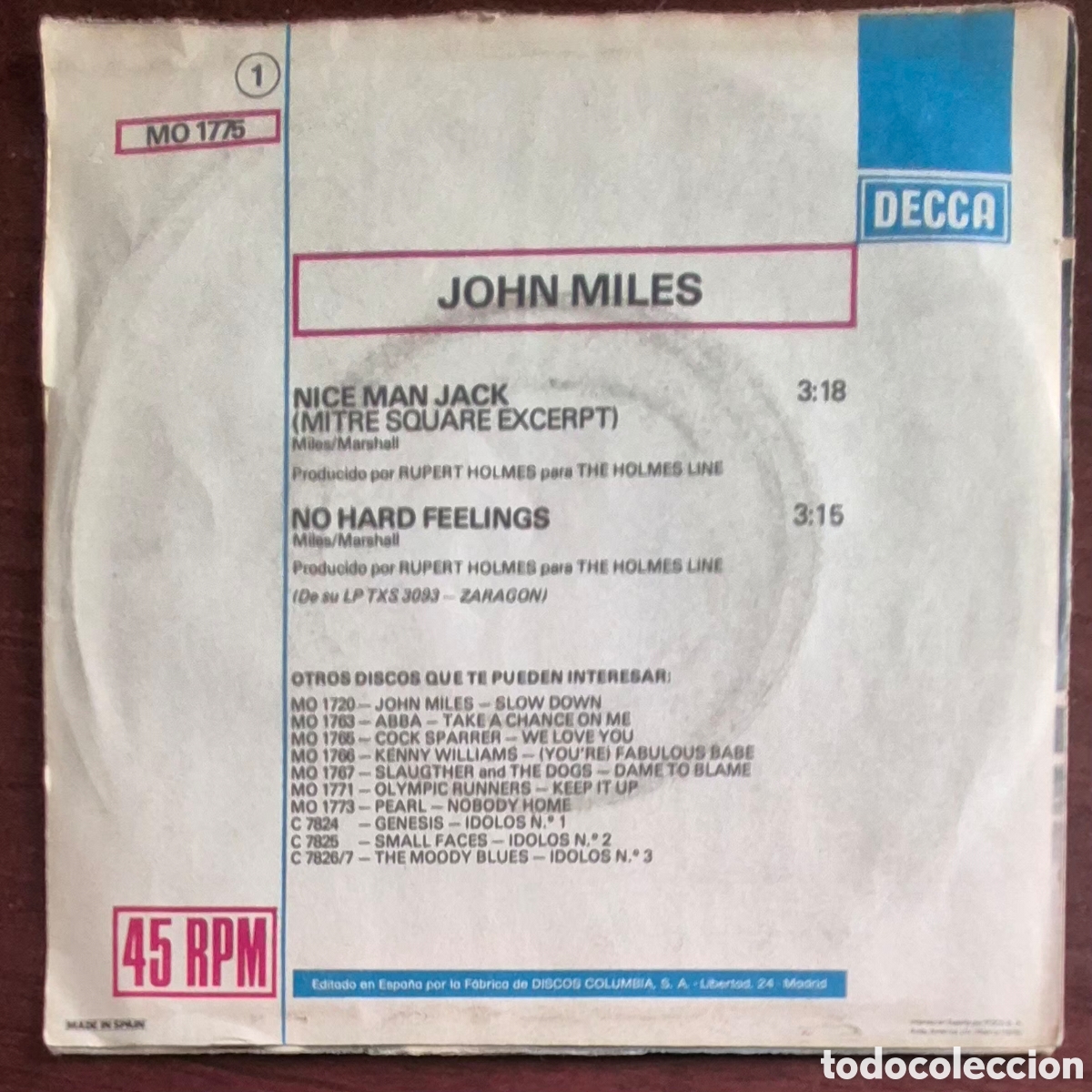 Discos de vinilo: SINGLE - JOHN MILES - NICE MAN JACK - 1978 ESPA&Ntilde;A - Foto 2