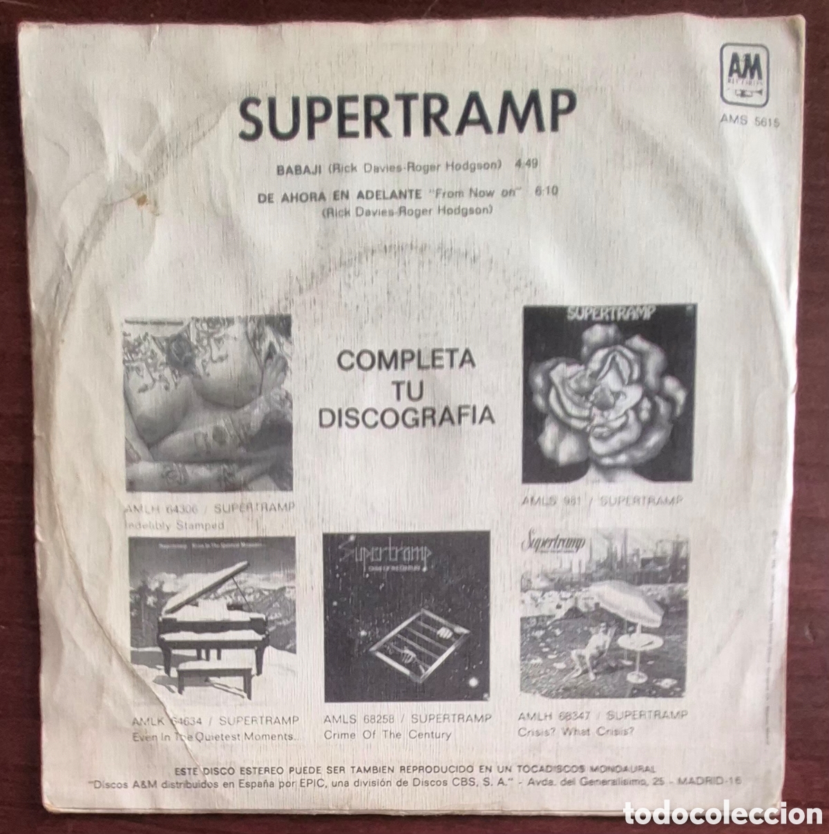 Discos de vinilo: SINGLE - SUPERTRAMP - BABAJI - 1978 ESPA&Ntilde;A - Foto 2