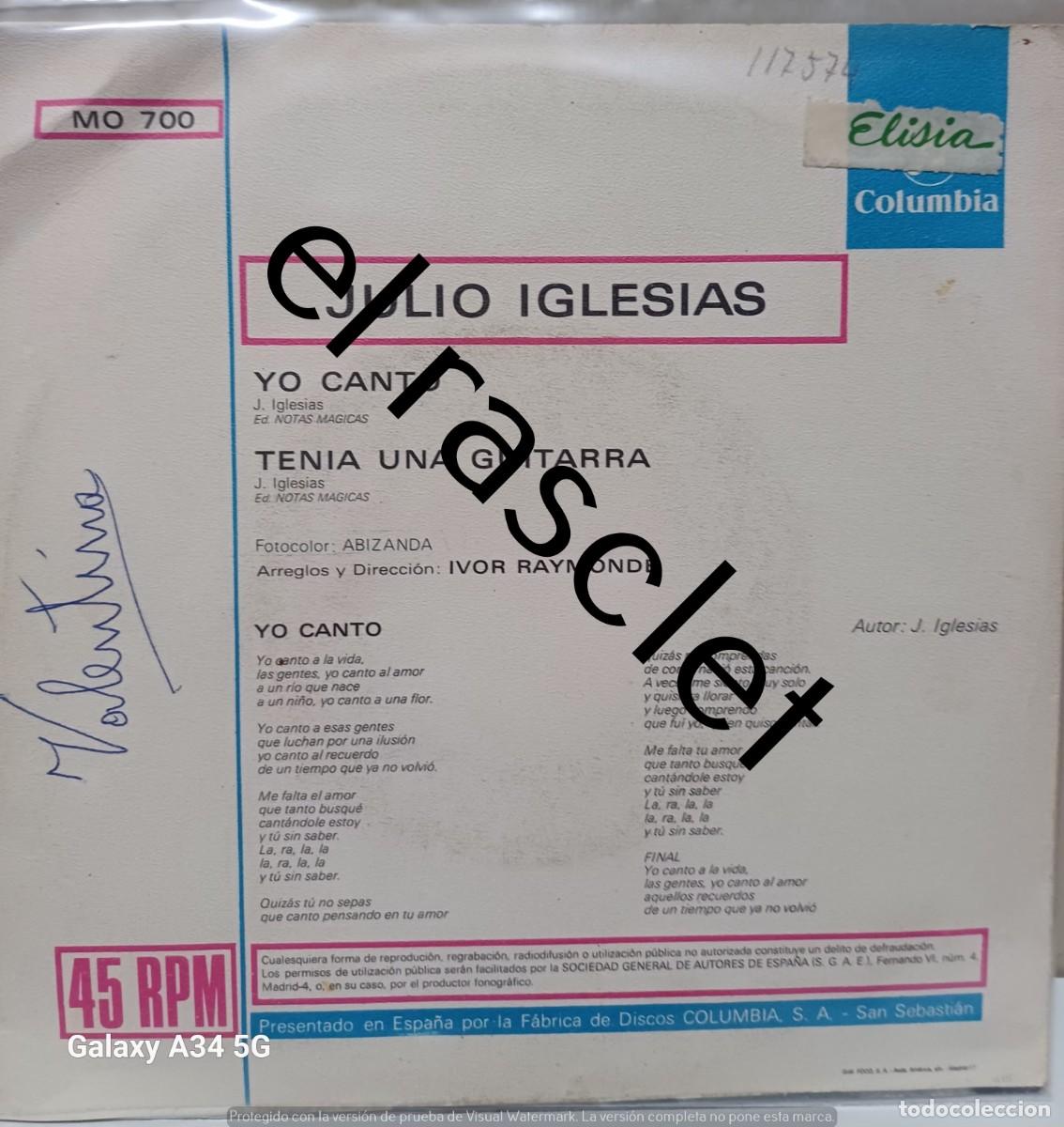 Discos de vinilo: SINGLE DE -JULIO IGLESIAS ; YO CANTO - Foto 2