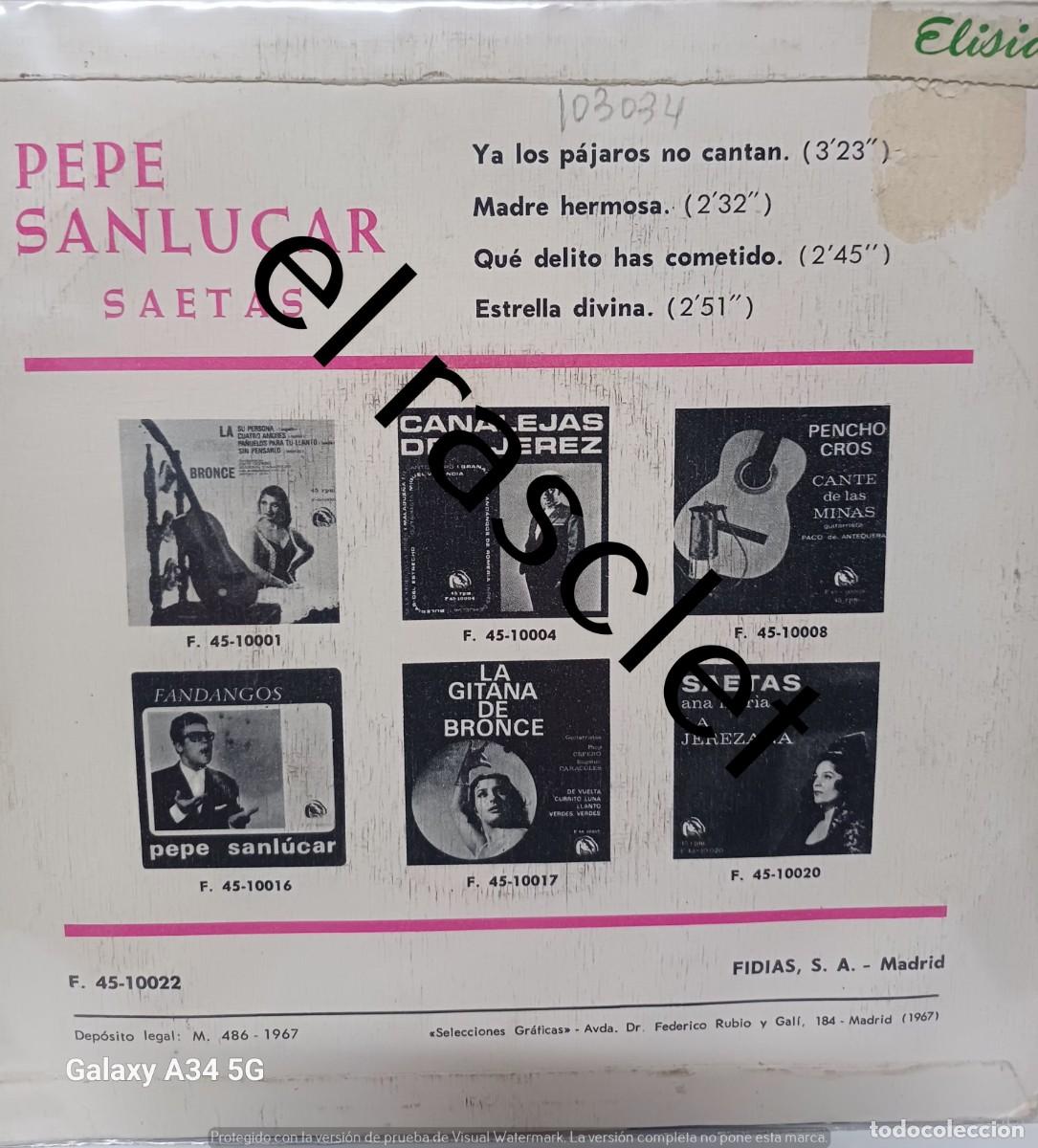 Discos de vinilo: SINGLE DE -PEPE SANLUCAR : SAETAS - Foto 2