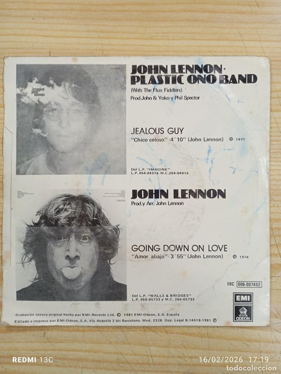 Discos de vinilo: SINGLE JOHN LENNON CHICO CELOSO - JEALOUS GUY / GOINGDOWN ON LOVE - Foto 2