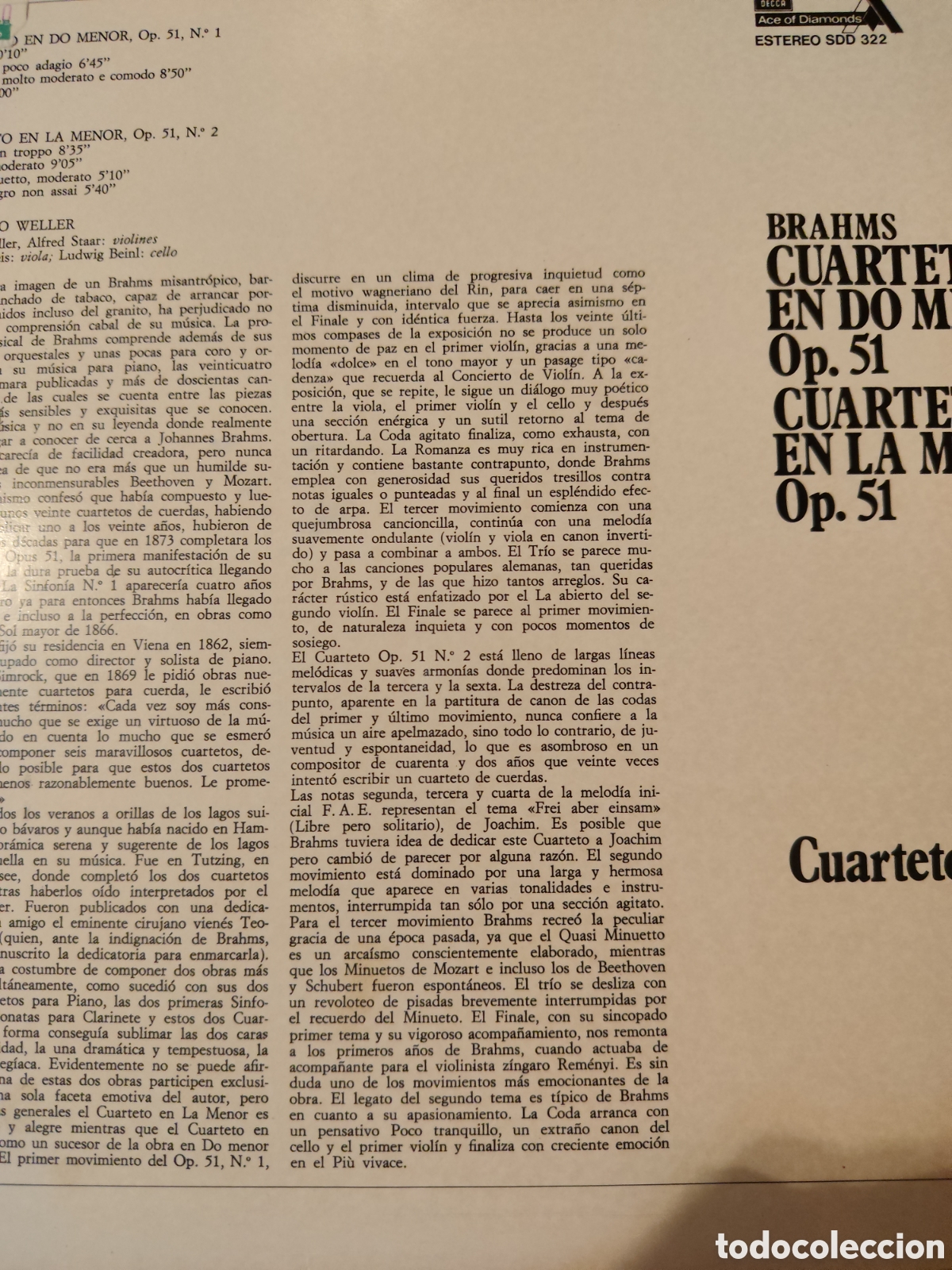 Discos de vinilo: Vinilo Brahms Cuarteto en do menor Op. 51 - Foto 2
