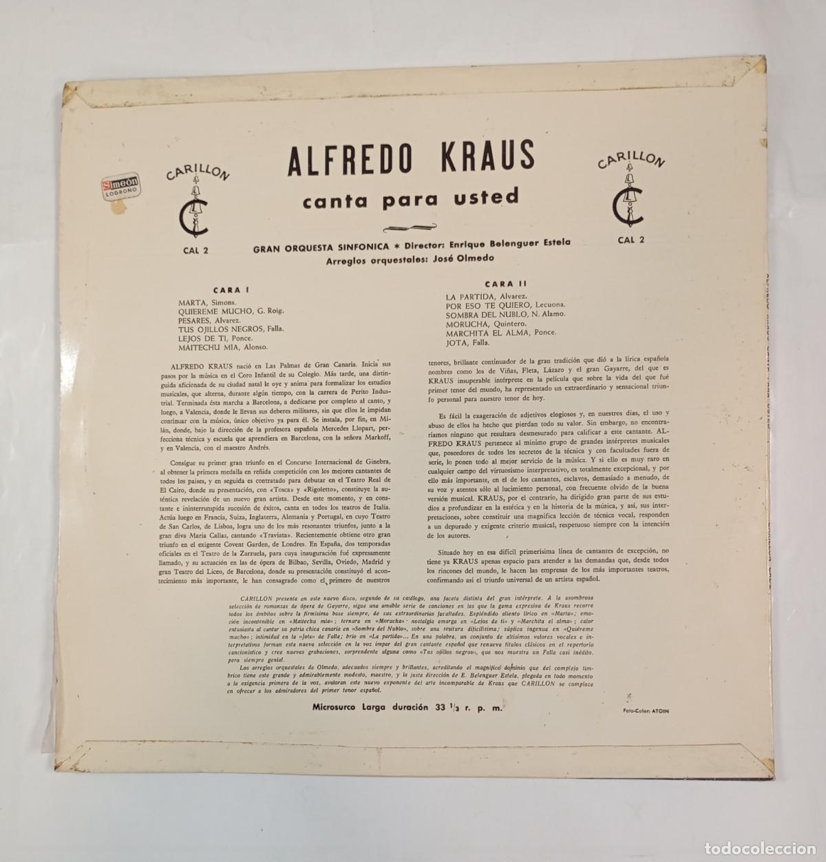 Discos de vinilo: ALFREDO KRAUS. CANTA PARA USTED. LP. TDKLP2 - Foto 2