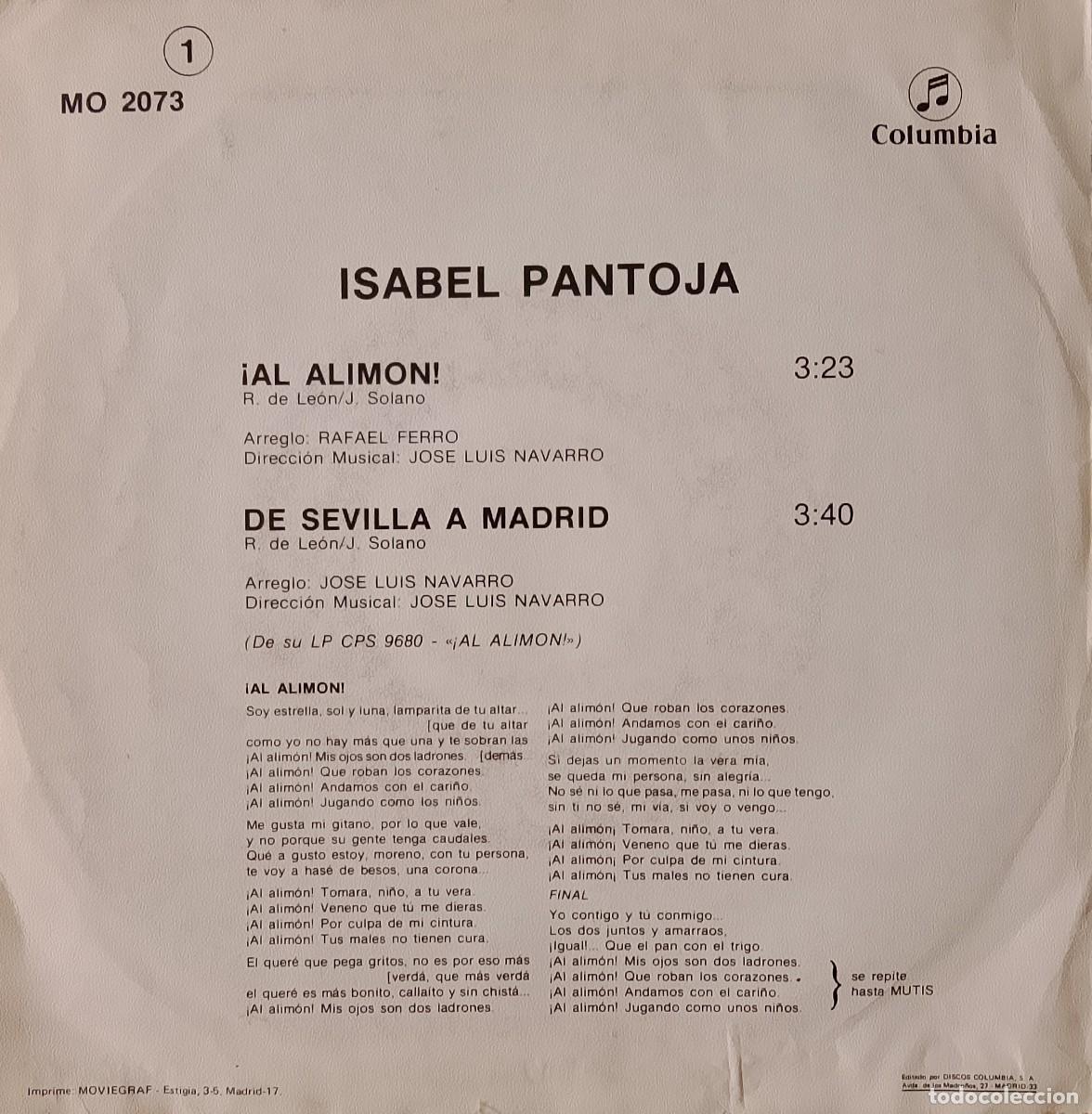 Discos de vinilo: Isabel Pantoja. Al alim&oacute;n. Vinilo single. - Foto 2