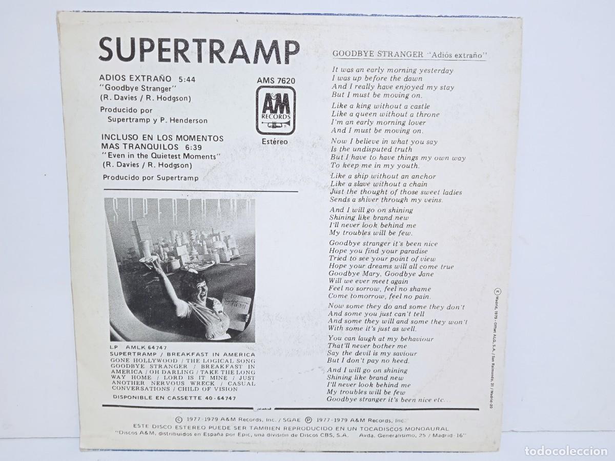Discos de vinilo: Supertramp - Goodbye Stranger (Adios Extra&ntilde;o) - PROMO - Single - 1979 - Foto 2