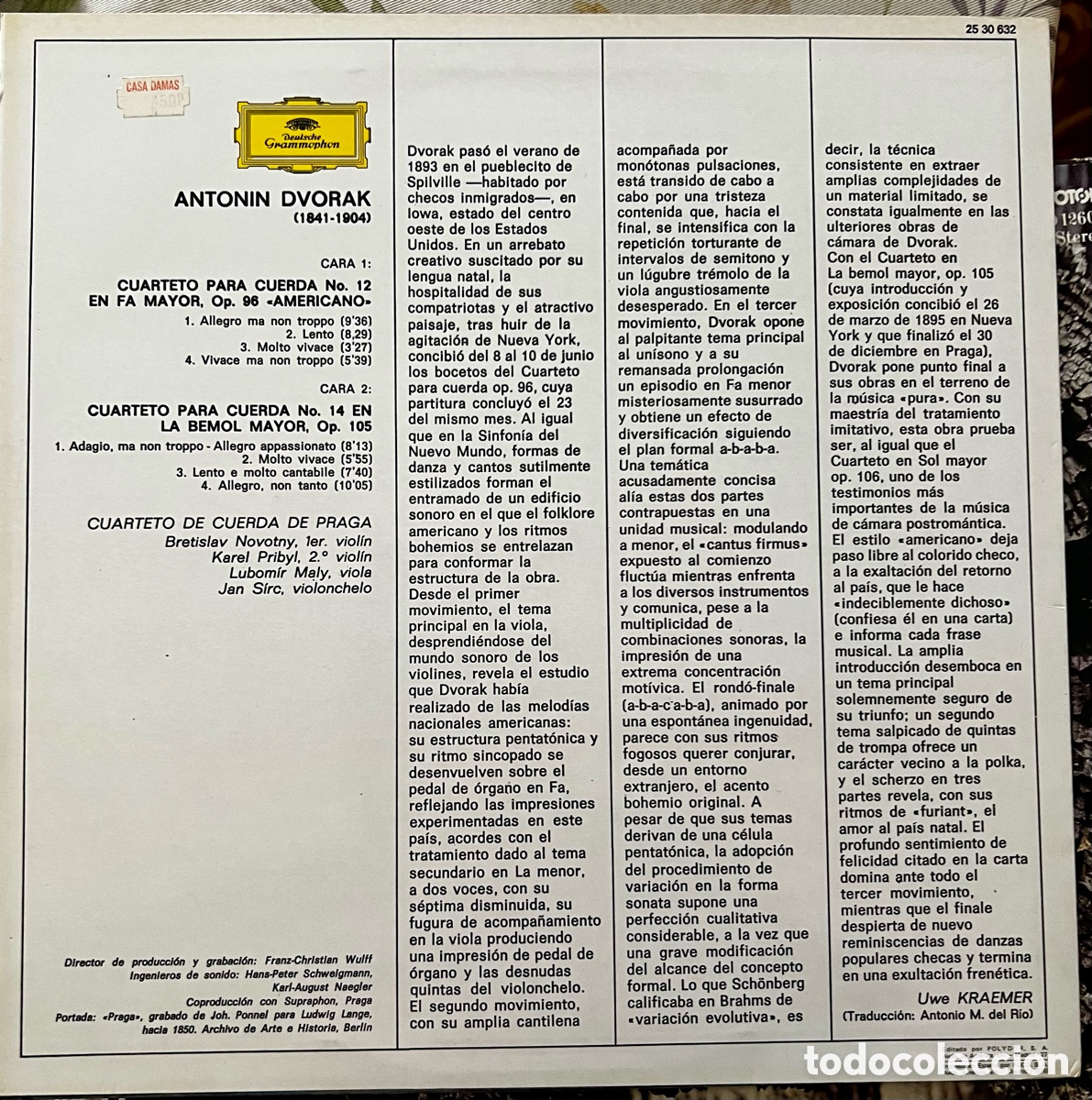 Discos de vinilo: Dvorak, Cuarteto &ldquo;Americano&rdquo; y Op105, cuarteto de Praga - Foto 2