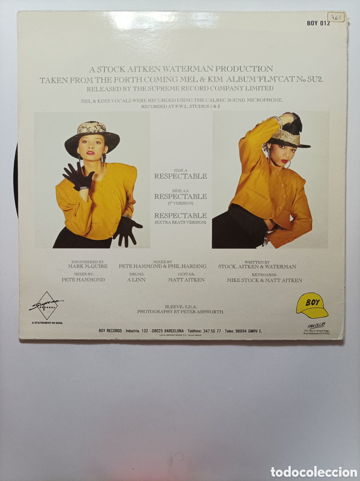 Discos de vinilo: MEL & KIM. RESPECTABLE. BOY. MAXI SINGLE DISCO VINILO. - Foto 2