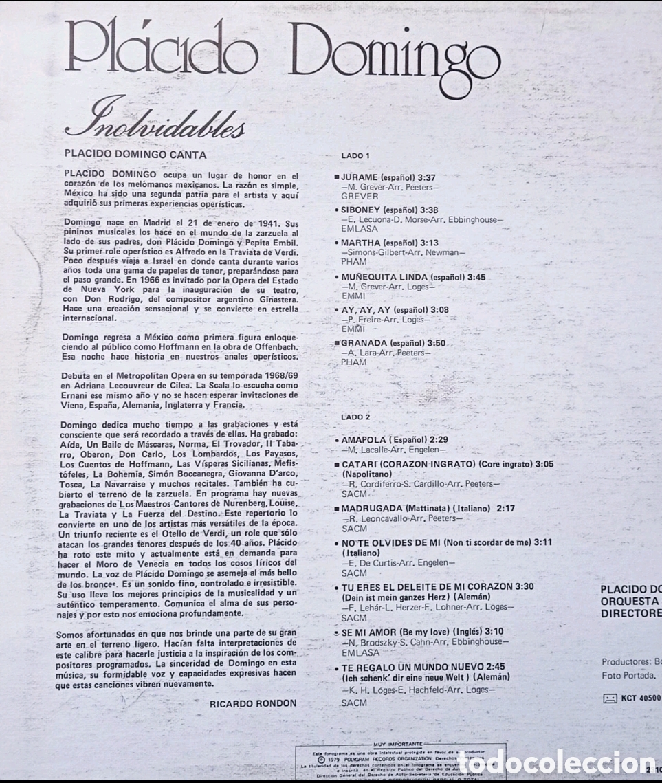 Discos de vinilo: Pl&aacute;cido Domingo, Inolvidables - Foto 2