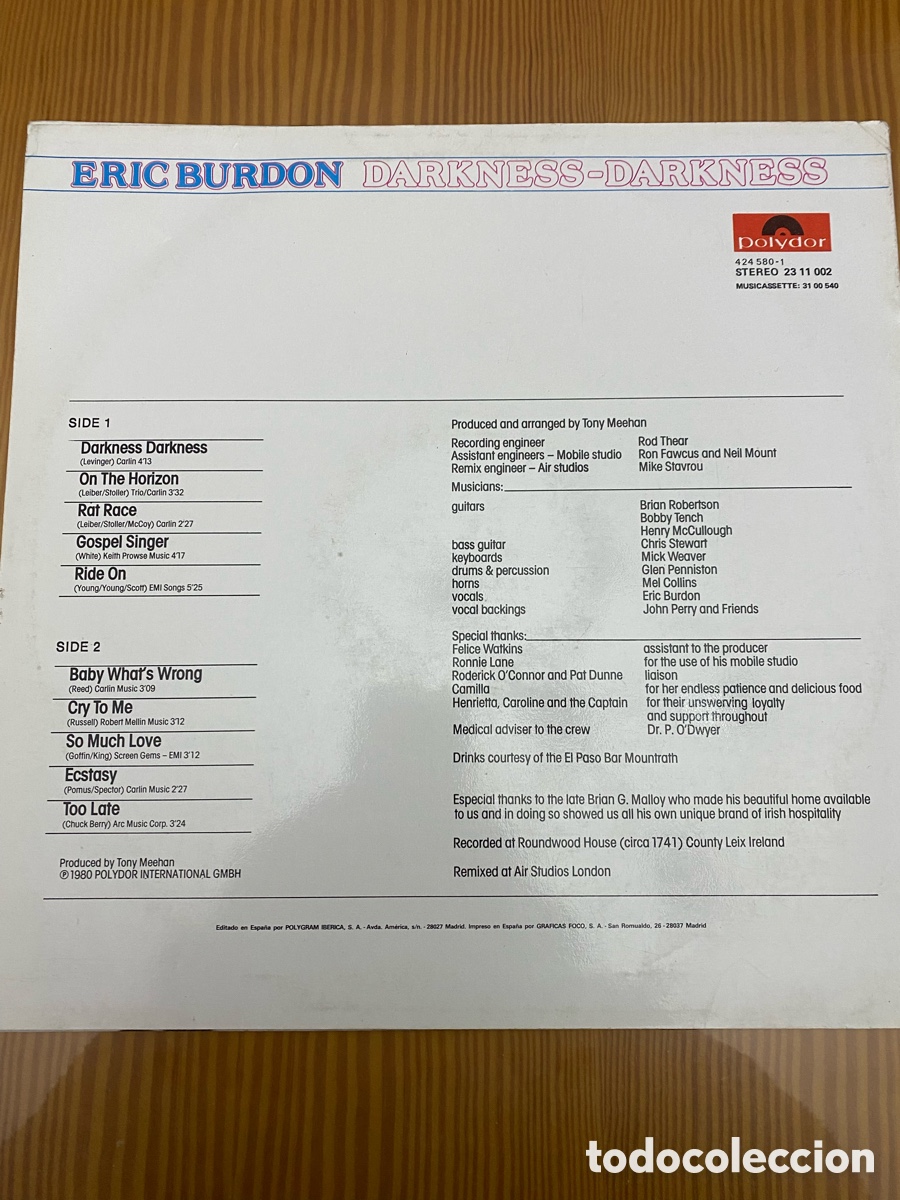 Discos de vinilo: Disco de Vinilo (LP) Eric Burdon &ldquo;Darkness - Darkness&rdquo; - Foto 2