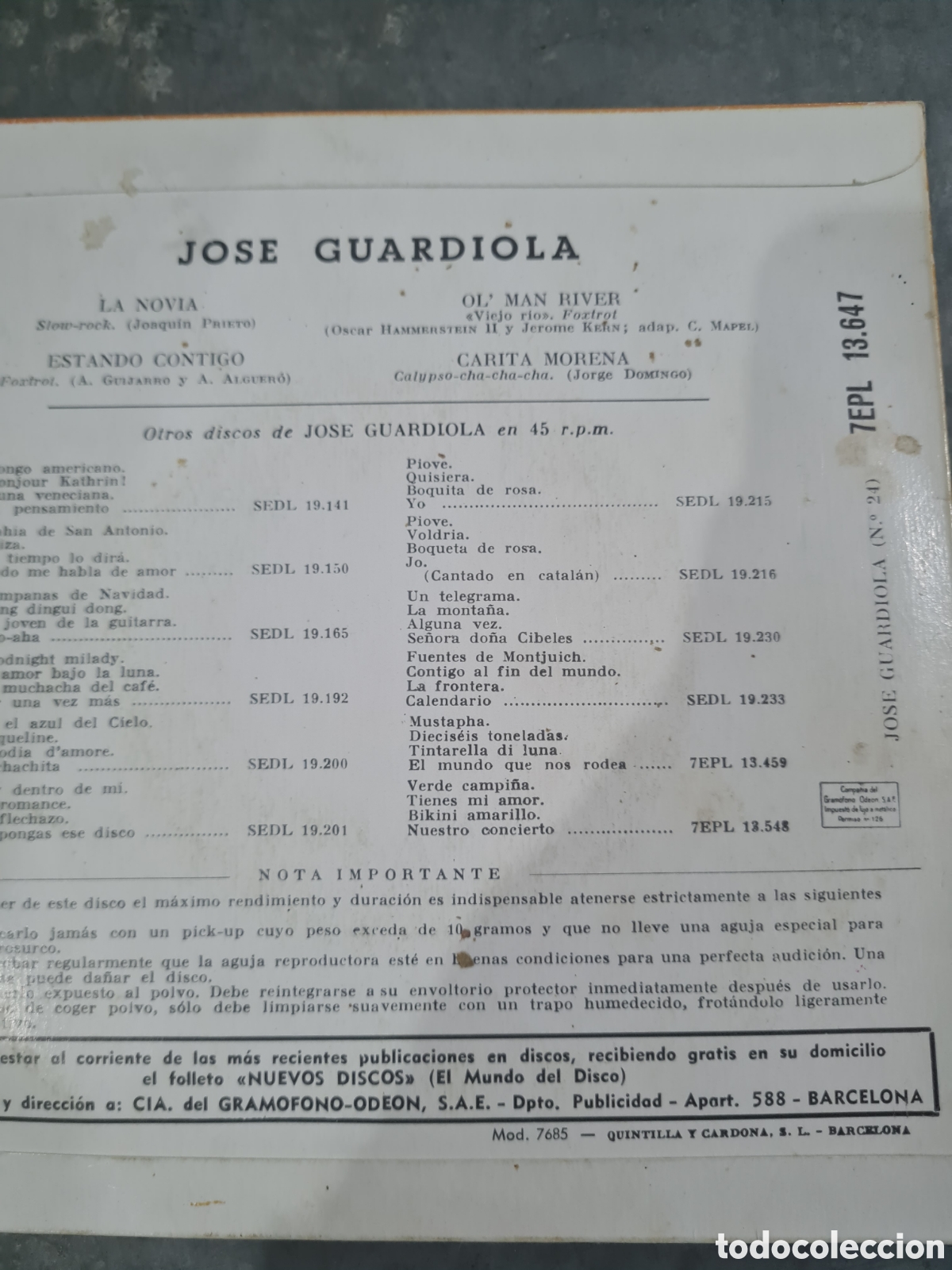 Discos de vinilo: 5 Singels JOS&Eacute; GUARDIOLA,a&ntilde;os 60 - Foto 4