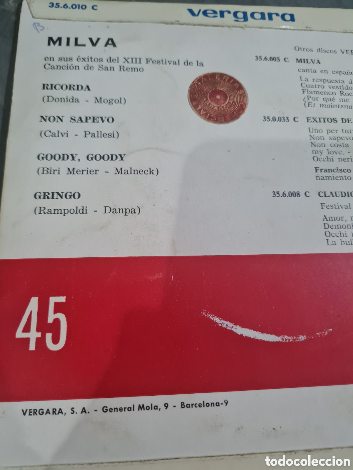 Discos de vinilo: MILVA SINGELS VERGARA 1943 - Foto 2