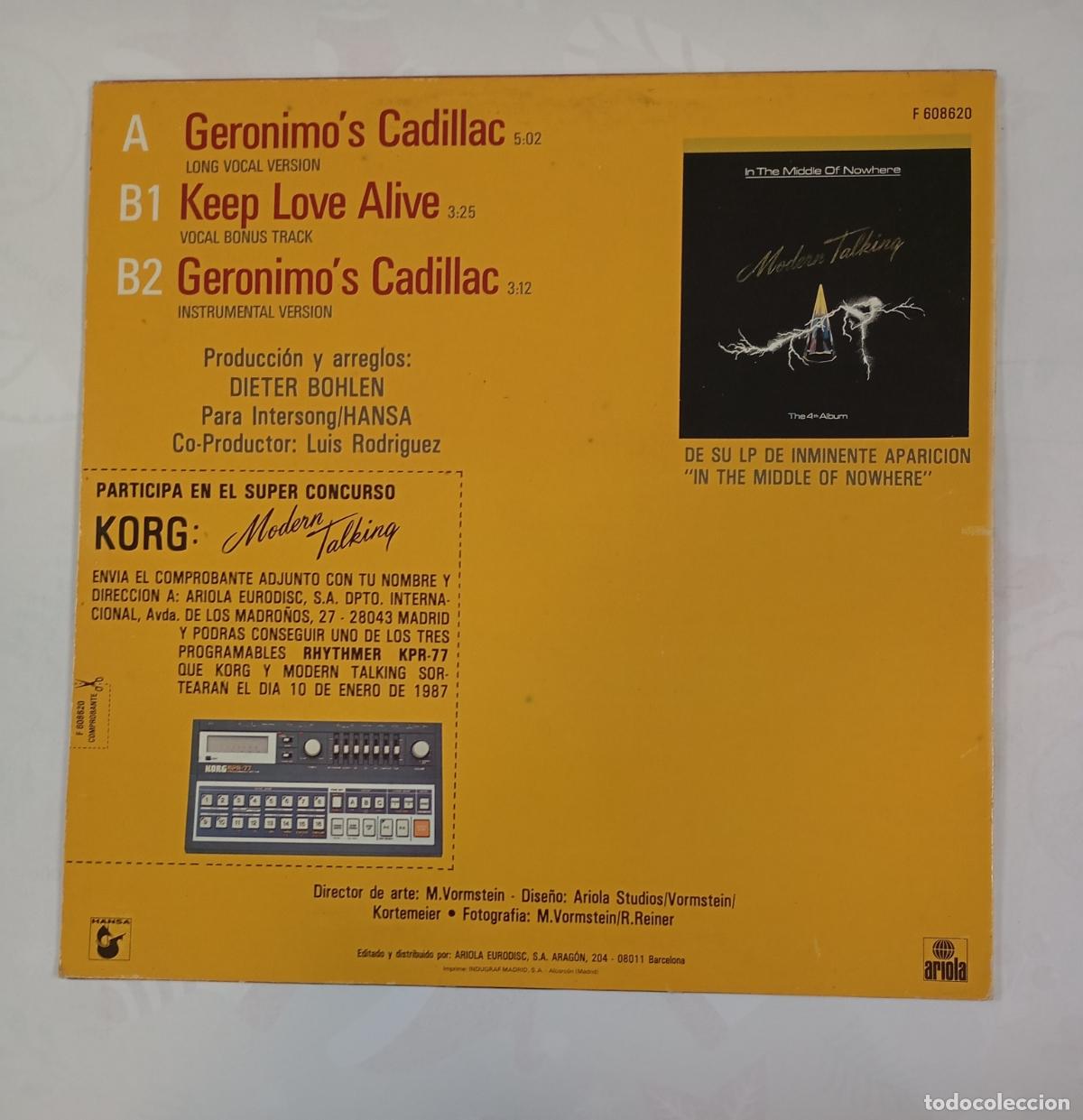 Discos de vinilo: Modern Talking &lrm;&ndash; Geronimos Cadillac. Maxi-Single. TDKLP17 - Foto 2