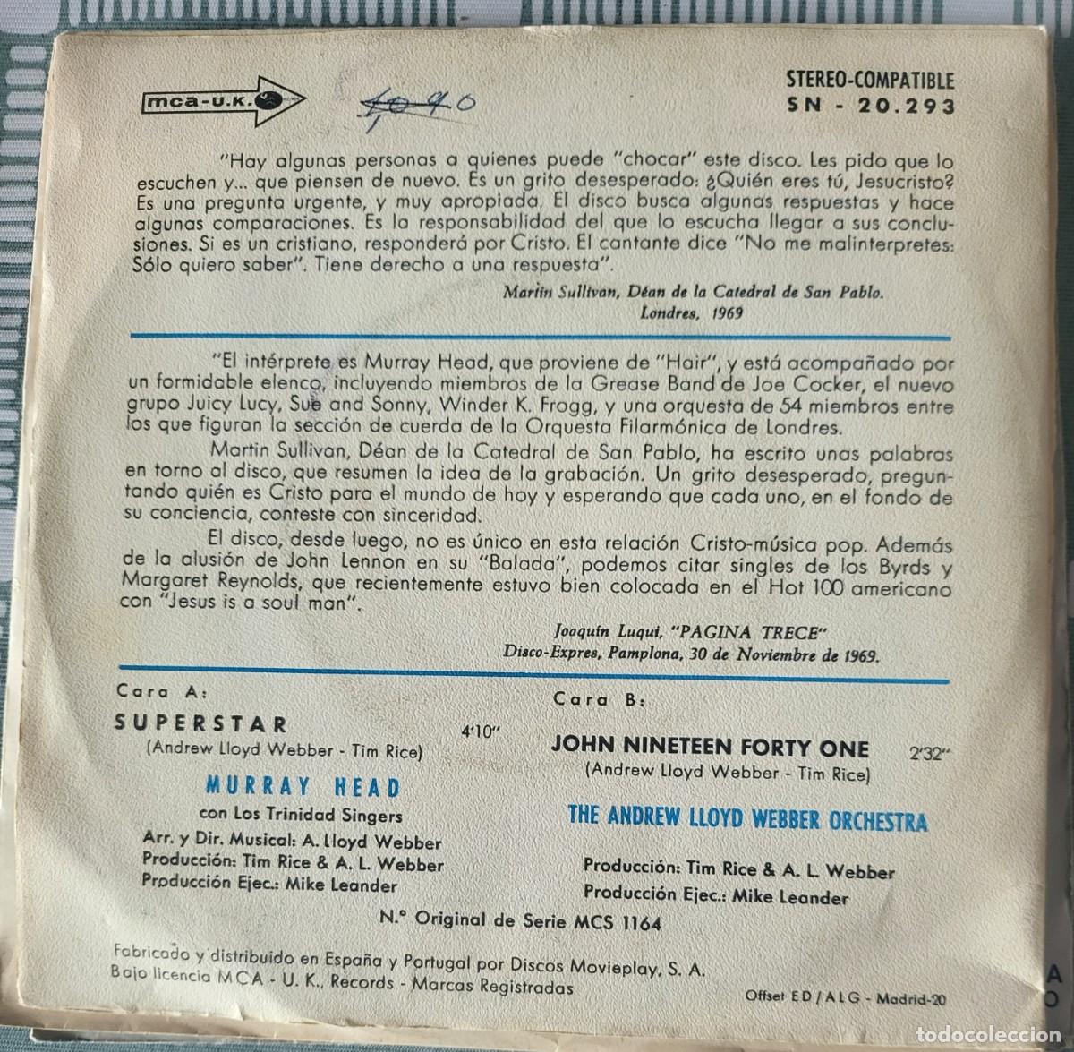Discos de vinilo: Murray Head single sello MCA editado en Espa&ntilde;a a&ntilde;o 1969... - Foto 2