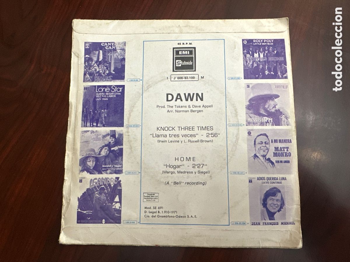 Discos de vinilo: DAWN - KNOCK THREE TIMES / HOME - SINGLE ESPA&Ntilde;OL DE 1971 - Foto 2