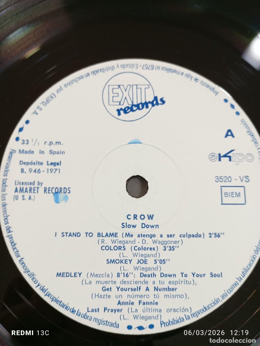 Discos de vinilo: Crow &lrm;&ndash; Slow Down - Edicion Espa&ntilde;ola 1971 Exit Recods - Foto 9