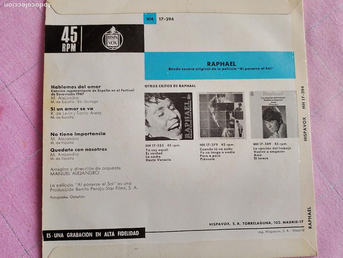 Discos de vinilo: Raphael &ndash; Eurovision 67 - Hablemos Del Amor, 1967 - Foto 3