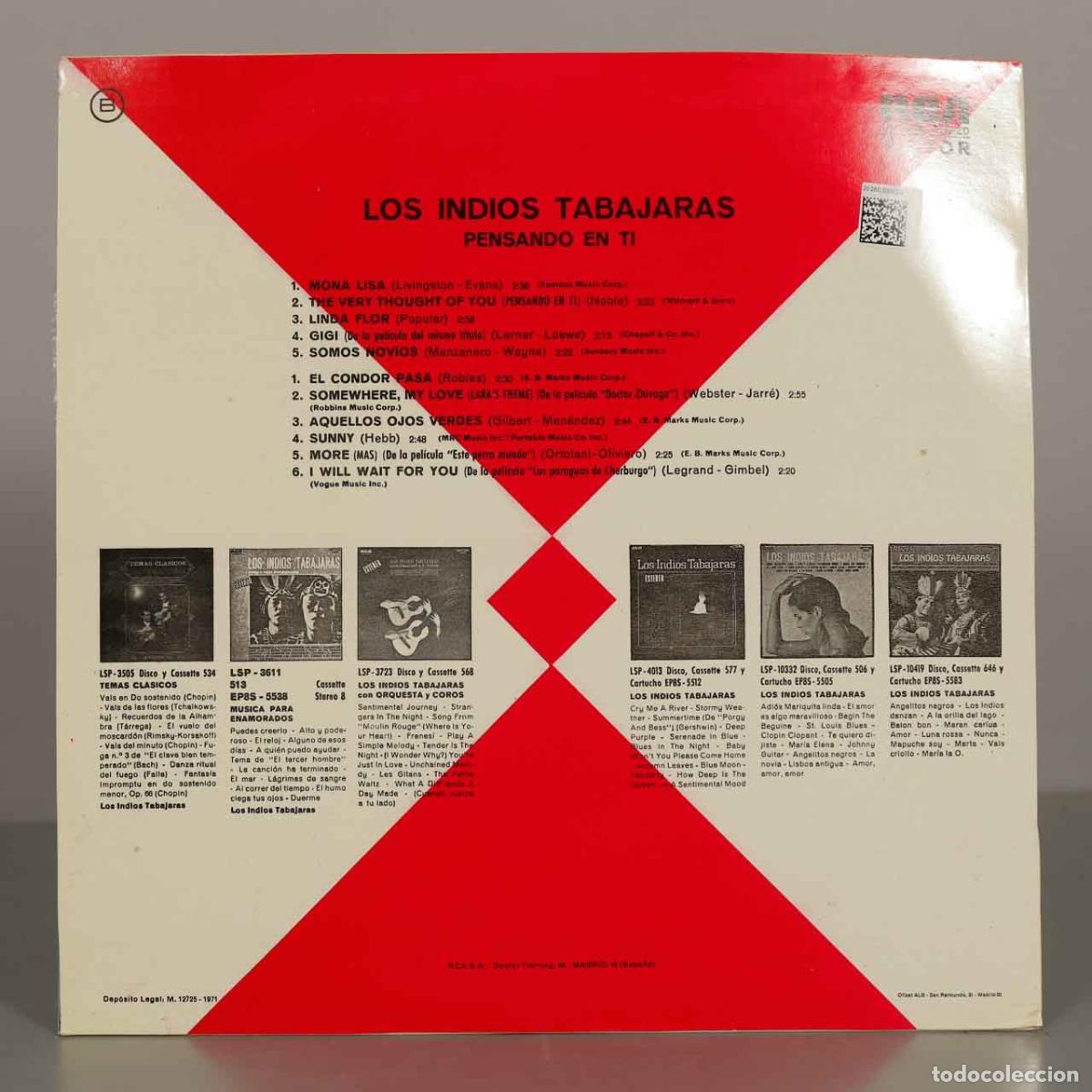 Discos de vinilo: LP. LOS INDIOS TABAJARAS. PENSANDO EN TI - Foto 2