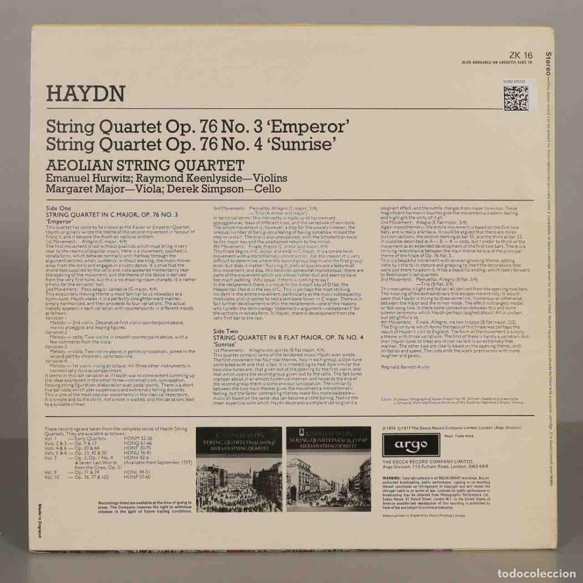 Discos de vinilo: LP. Haydn / Aeolian String Quartet &ndash; String Quartets - &acute;Emperor&acute; and &acute;Sunrise&acute; - Foto 2