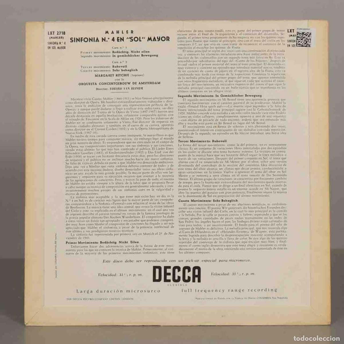 Discos de vinilo: LP. SINFONIA 4 MAHLER. RITCHIE. BEINUM - Foto 2