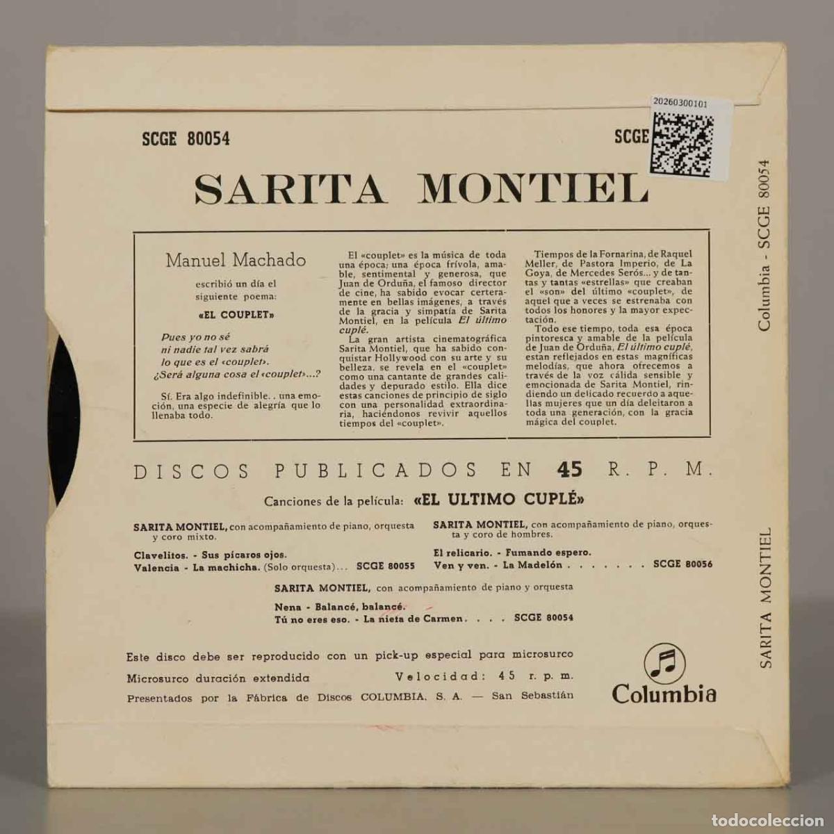 Discos de vinilo: EP. Sarita Montiel &ndash; El Ultimo Cupl&eacute; - Foto 2
