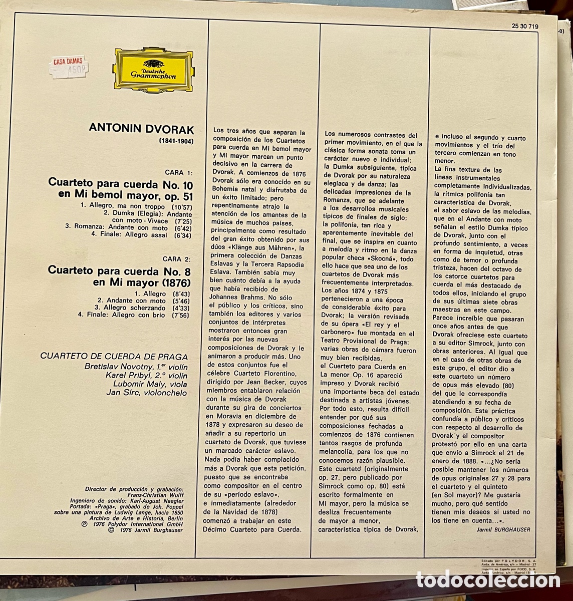 Discos de vinilo: A. Dvorak, cuartetos 8 y 10 , cuarteto de Prega - Foto 2
