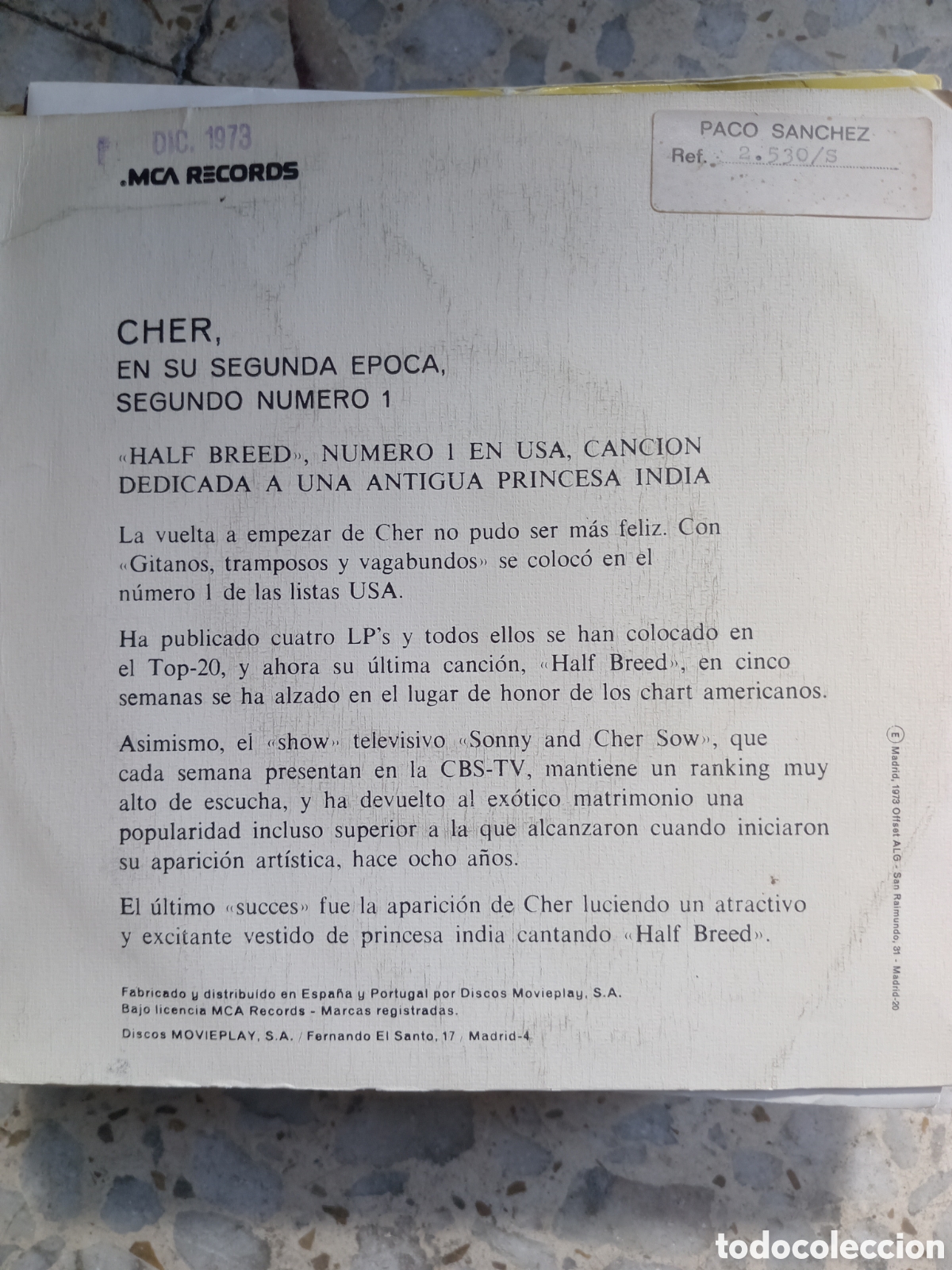 Discos de vinilo: SGL CHER HALF BREED 1973 - Foto 2