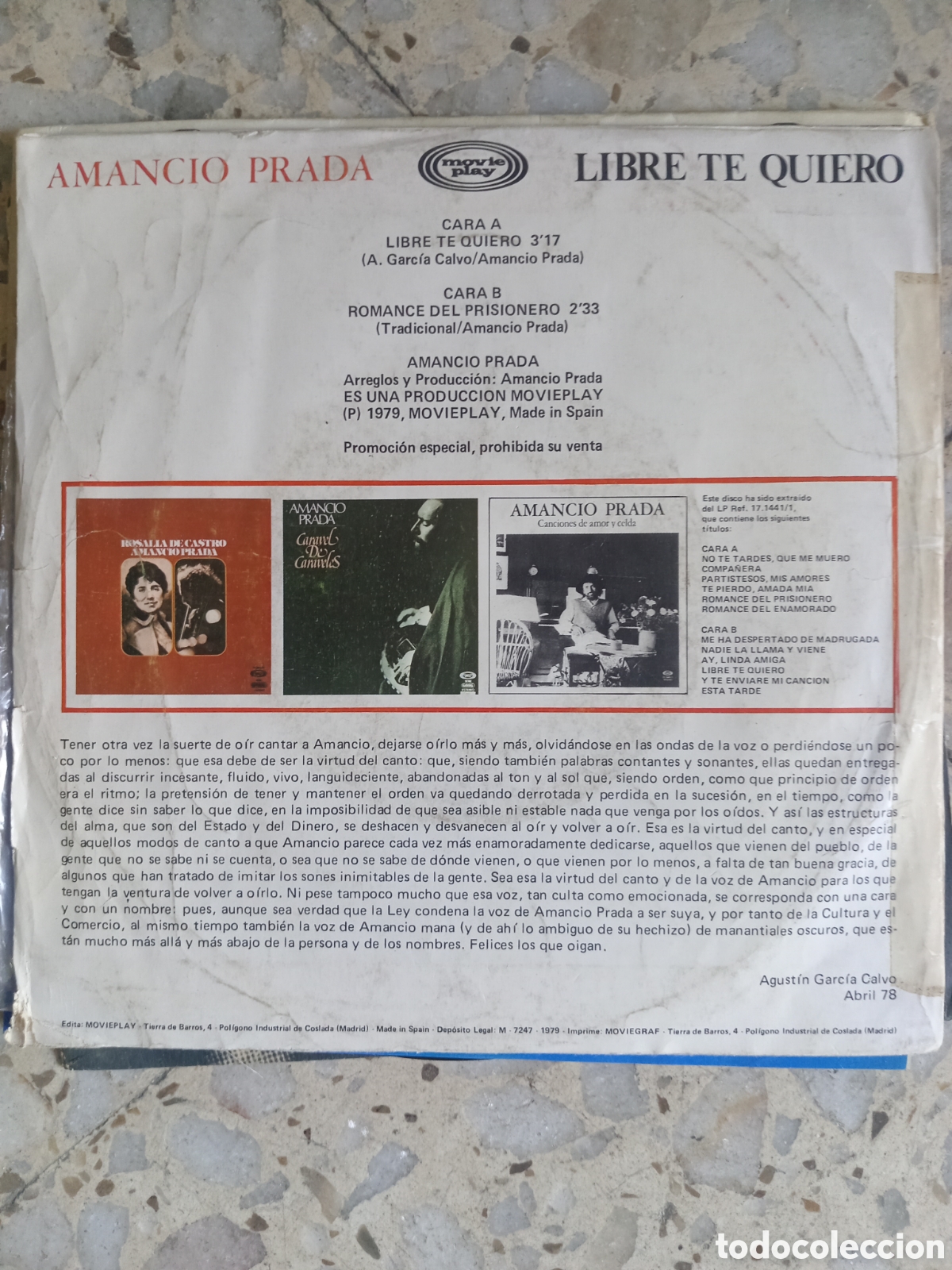 Discos de vinilo: SGL AMANCIO PRADA LIBRE TE QUIERO 1979 - Foto 2