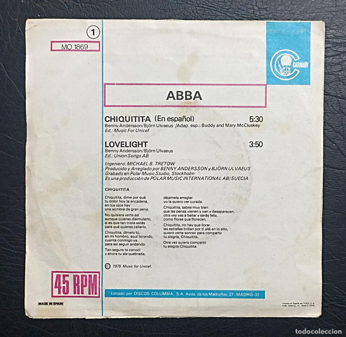Discos de vinilo: SINGLE ABBA - CHIQUITITA - CARNABY 1979 - Foto 2