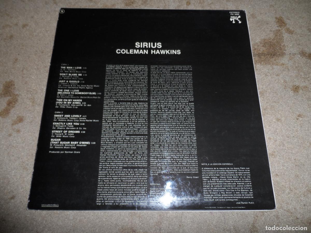 Discos de vinilo: COLEMAN HAWKINS - SIRIUS (SPAIN 1981) - Foto 2