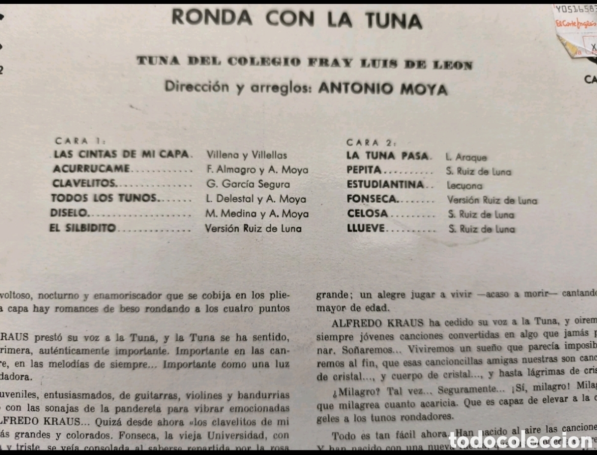 Discos de vinilo: Alfredo Kraus: ronda con la tuna - Foto 2