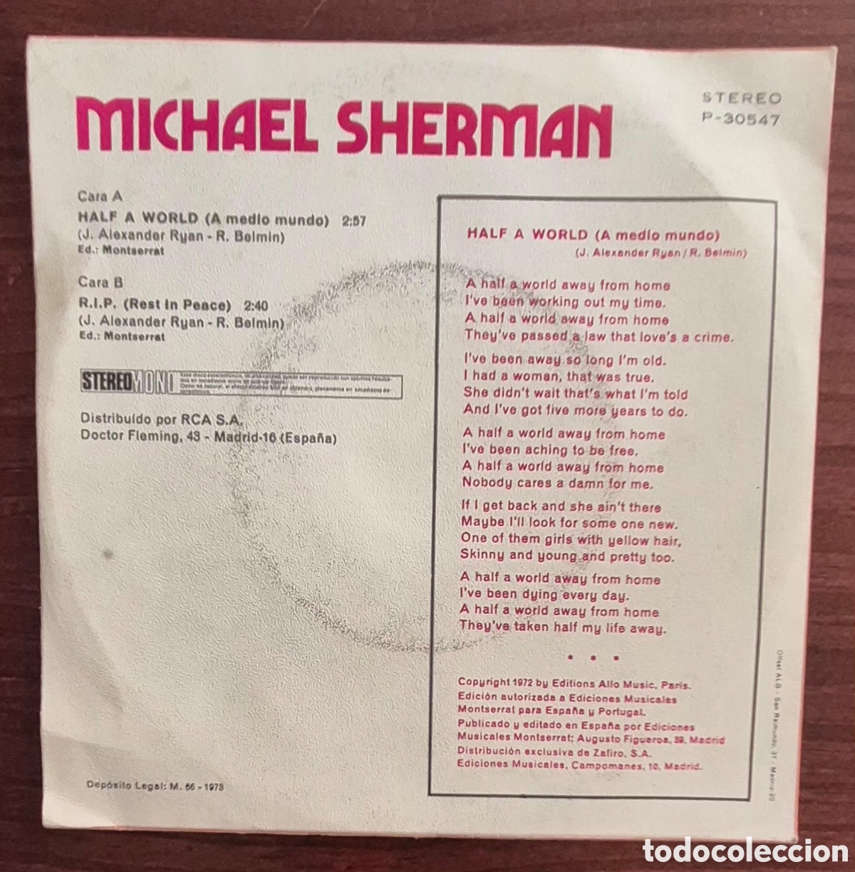 Discos de vinilo: SINGLE - MICHAEL SHERMAN - HALF A WORLD - 1973 ESPA&Ntilde;A - Foto 2