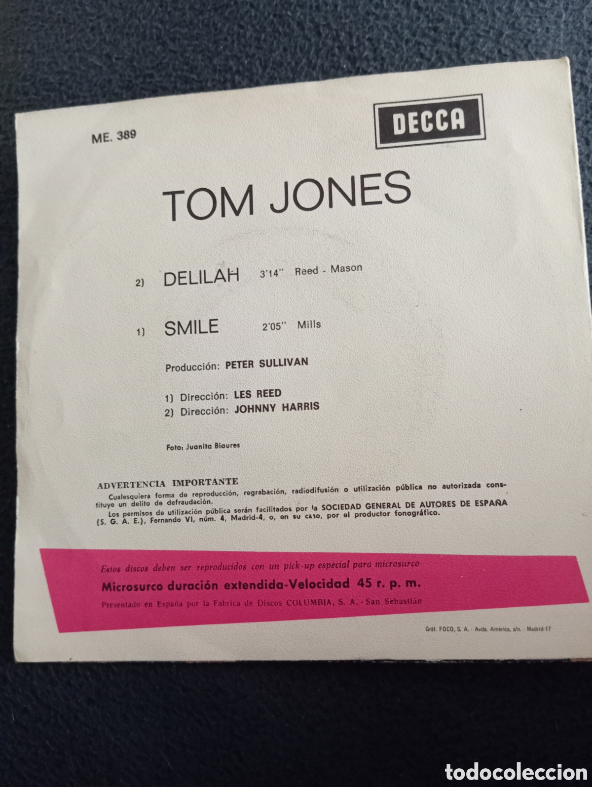 Discos de vinilo: TOM JONES.DELILAH..Single - Foto 2