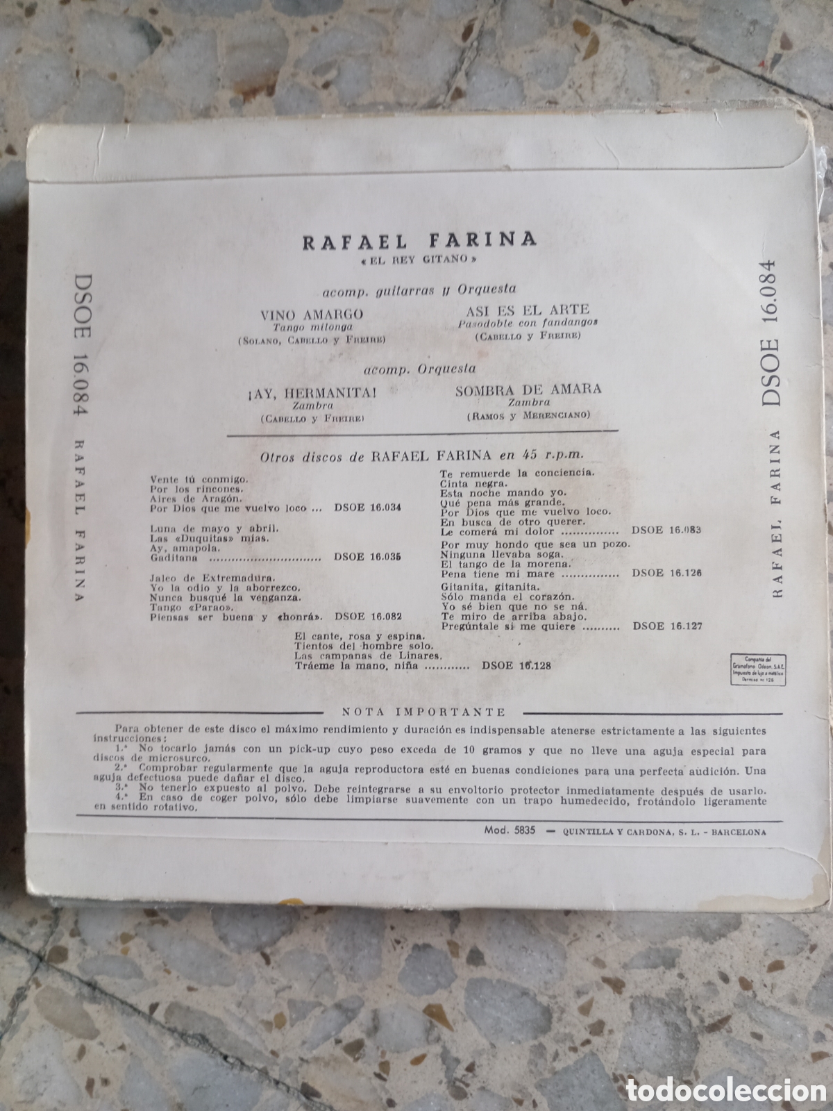 Discos de vinilo: EP RAFAEL FARINA VINO AMARGO 1958 - Foto 2