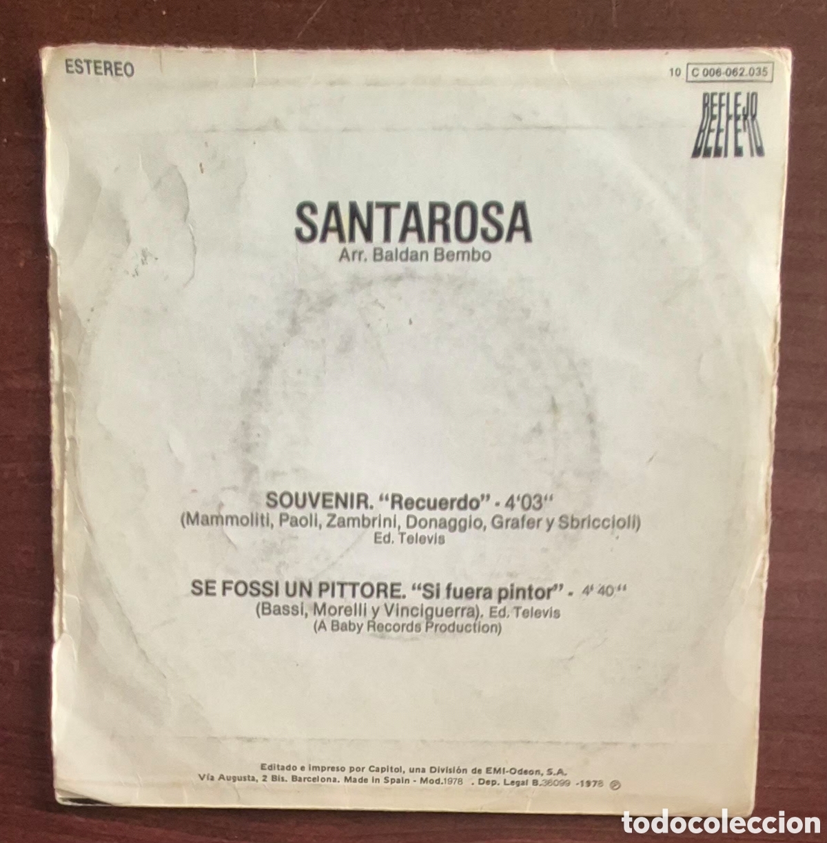 Discos de vinilo: SINGLE - SANTAROSA - SOUVENIR - 1978 ESPA&Ntilde;A - Foto 2