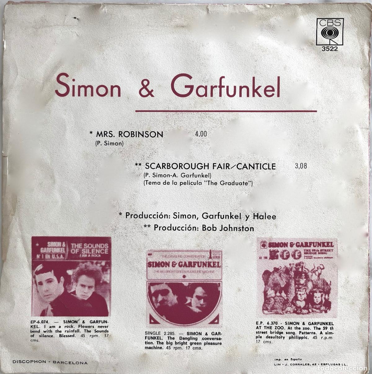 Discos de vinilo: SIMON & GARFUNKEL. MRS ROBINSON. SINGLE ORIGINAL ESPA&Ntilde;A 1968 - Foto 2