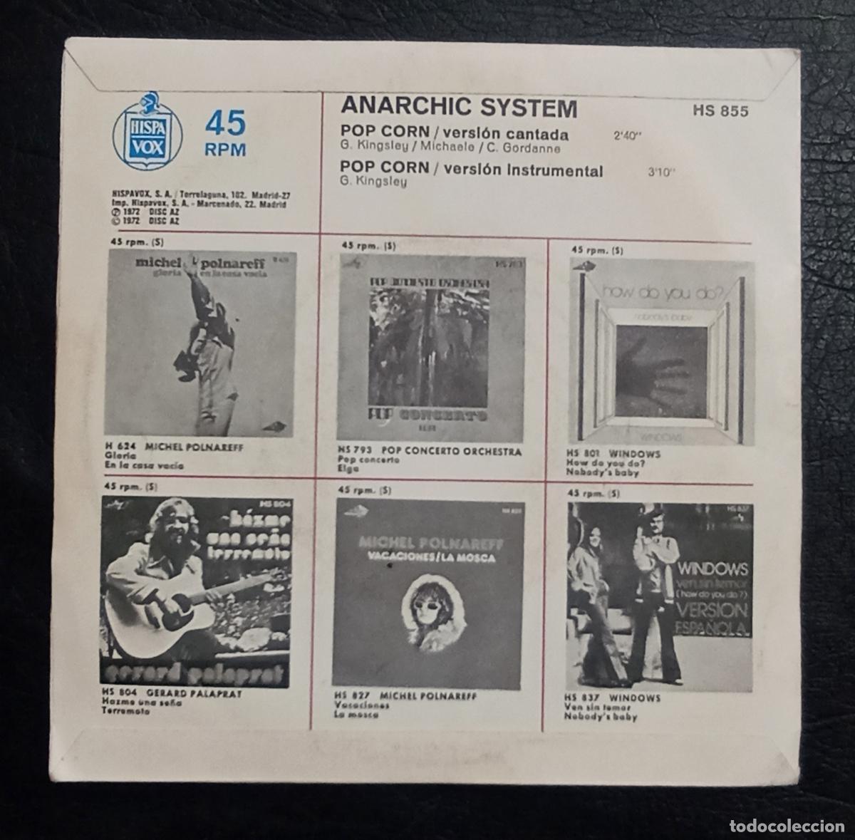 Discos de vinilo: SINGLE ANARCHIC SYSTEM - POP CORN - VERSION CANTADA E INSTRUMENTAL - HISPAVOX 1972 - Foto 2