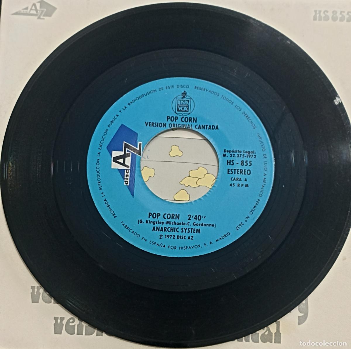 Discos de vinilo: SINGLE ANARCHIC SYSTEM - POP CORN - VERSION CANTADA E INSTRUMENTAL - HISPAVOX 1972 - Foto 3