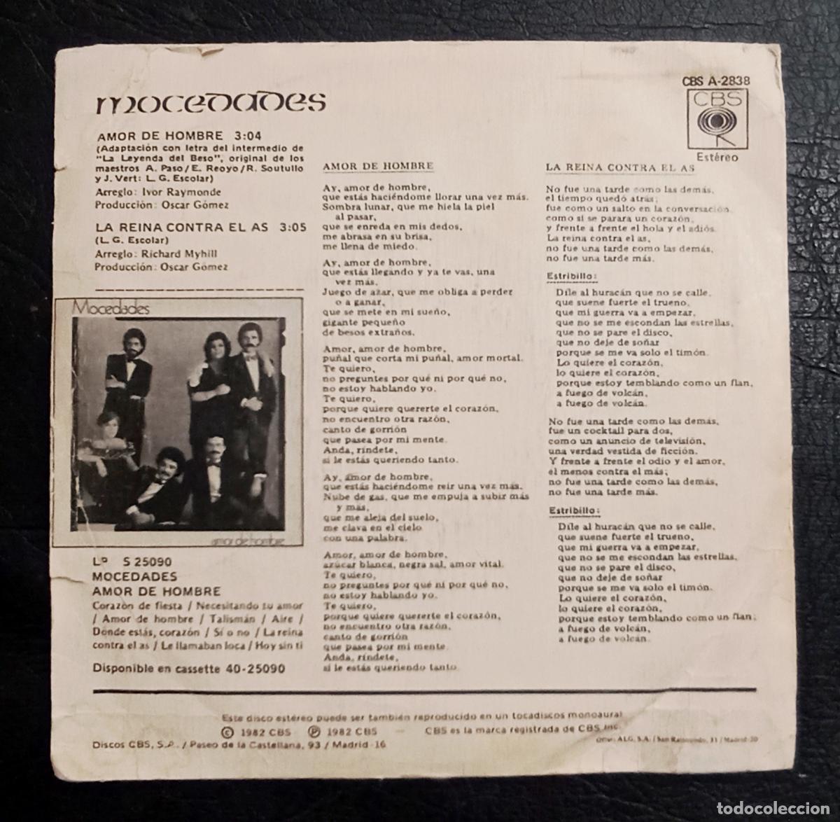 Discos de vinilo: SINGLE MOCEDADES - AMOR DE HOMBRE - CBS 1982 - Foto 2
