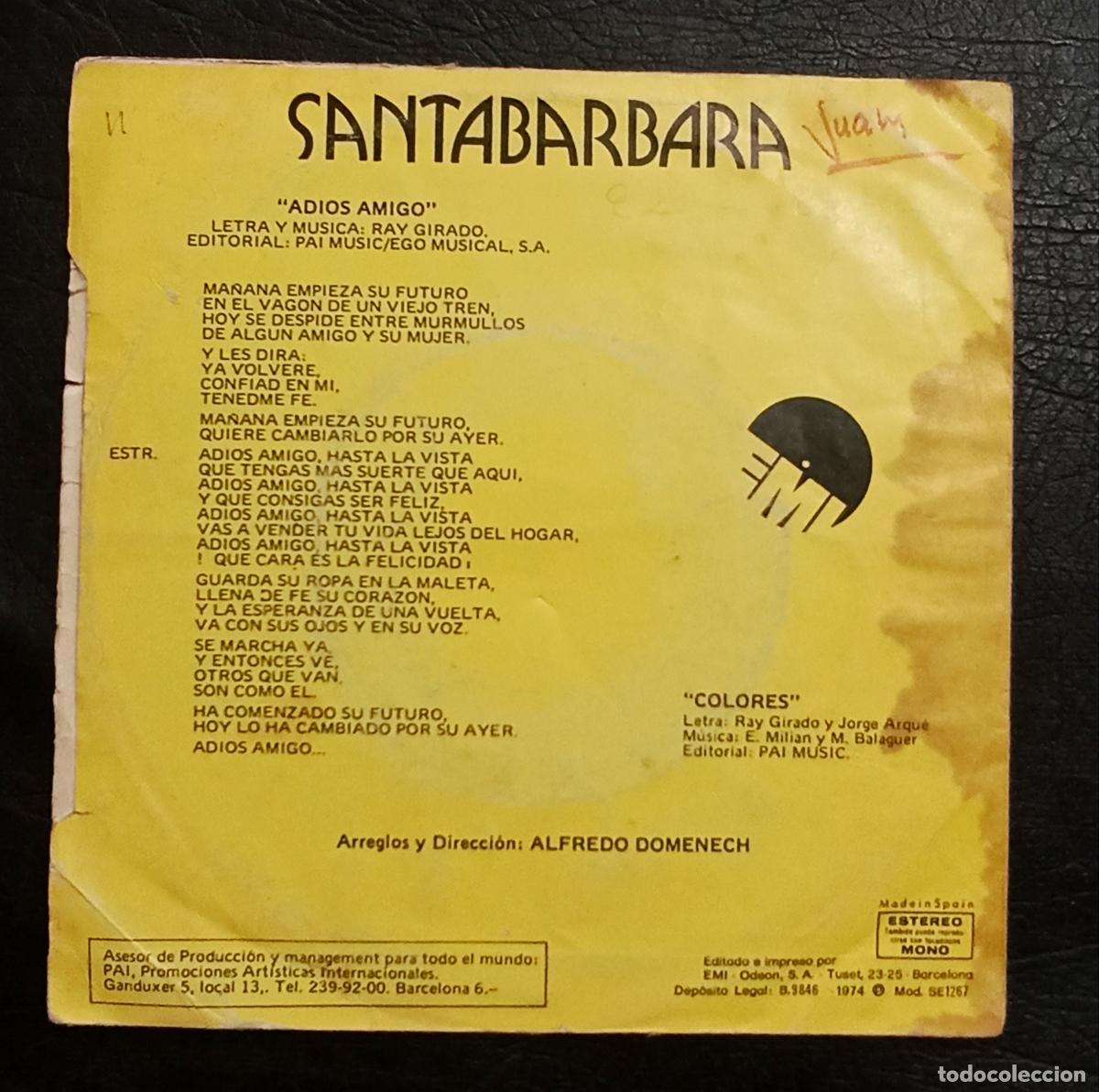Discos de vinilo: SINGLE SANTAB&Aacute;RBARA - ADI&Oacute;S AMIGO - EMI 1974 - Foto 2