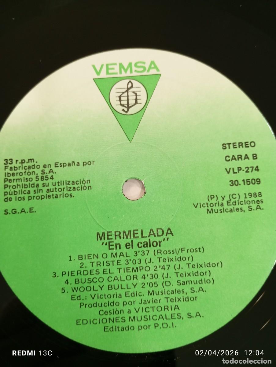 Discos de vinilo: LP - MERMELADA - EN EL CALOR - VEMSA 1988 - Foto 3