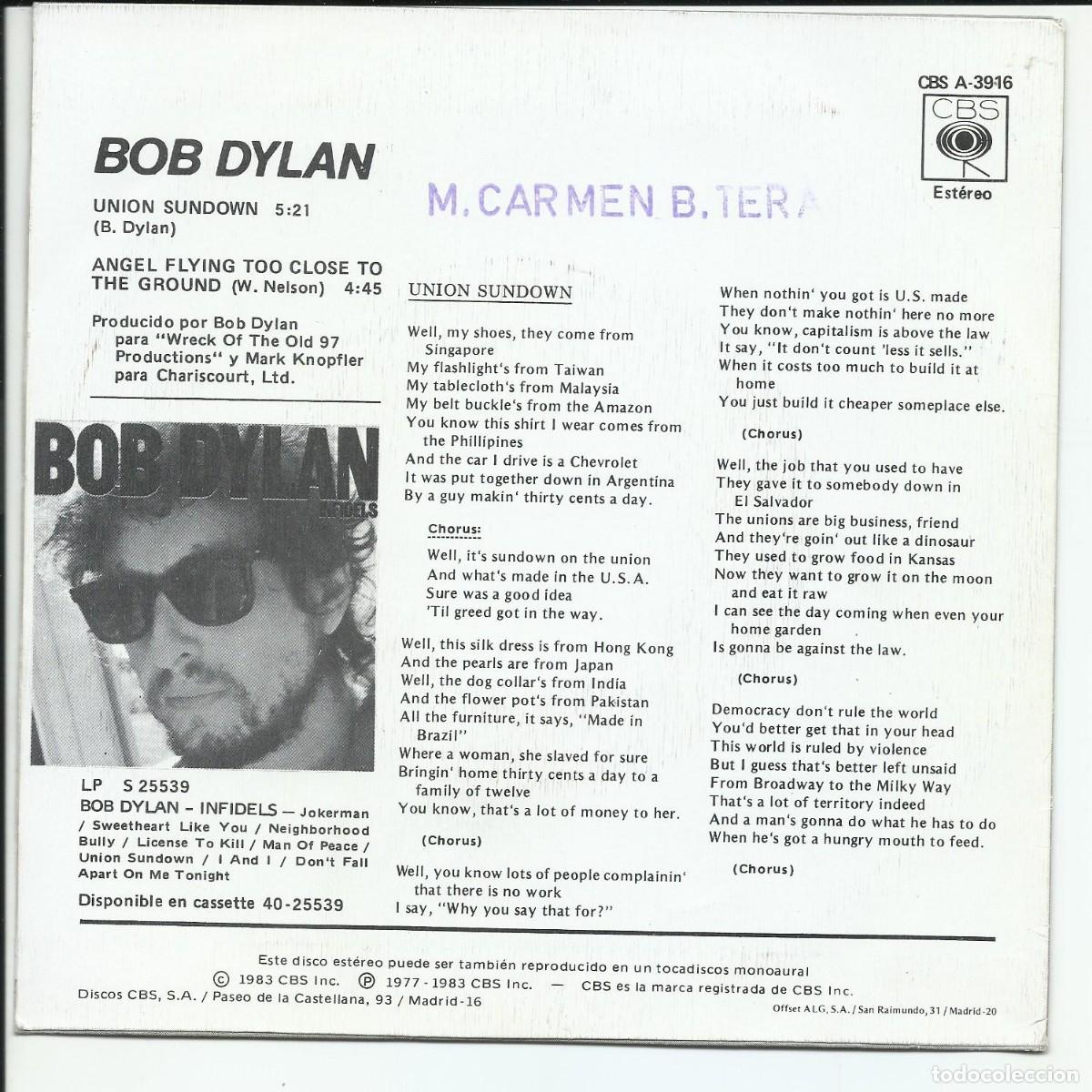 Discos de vinilo: Bob Dylan.- Union Sundown Single CBS A391 espa&ntilde;a 1983 - Foto 2