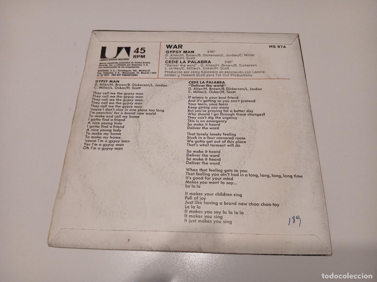 Discos de vinilo: War &ndash; Gypsy Man / Cede La Palabra- (1973) single - Foto 2