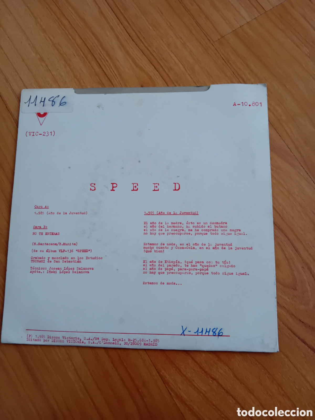 Discos de vinilo: SPEED. 1985. 1.985. NO TE EETERA. - Foto 2