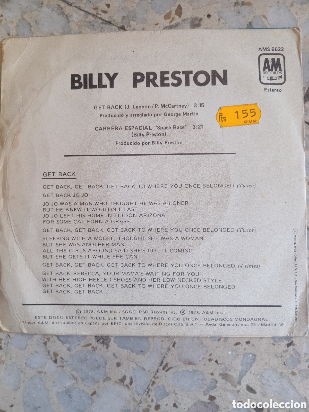 Discos de vinilo: SGL BILLY PRESTON GET BACK 1978 - Foto 2