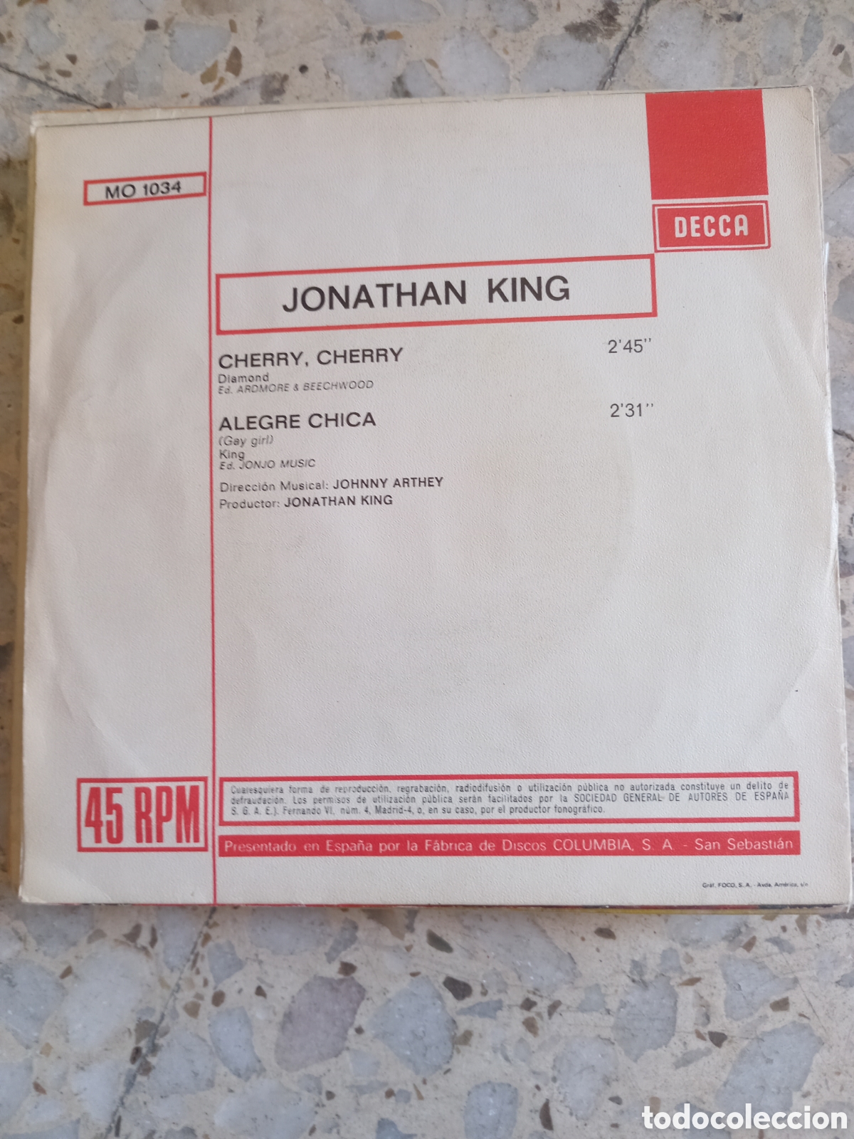 Discos de vinilo: SGL JONATHAN KING CHERRY CHERRY 1970 - Foto 2