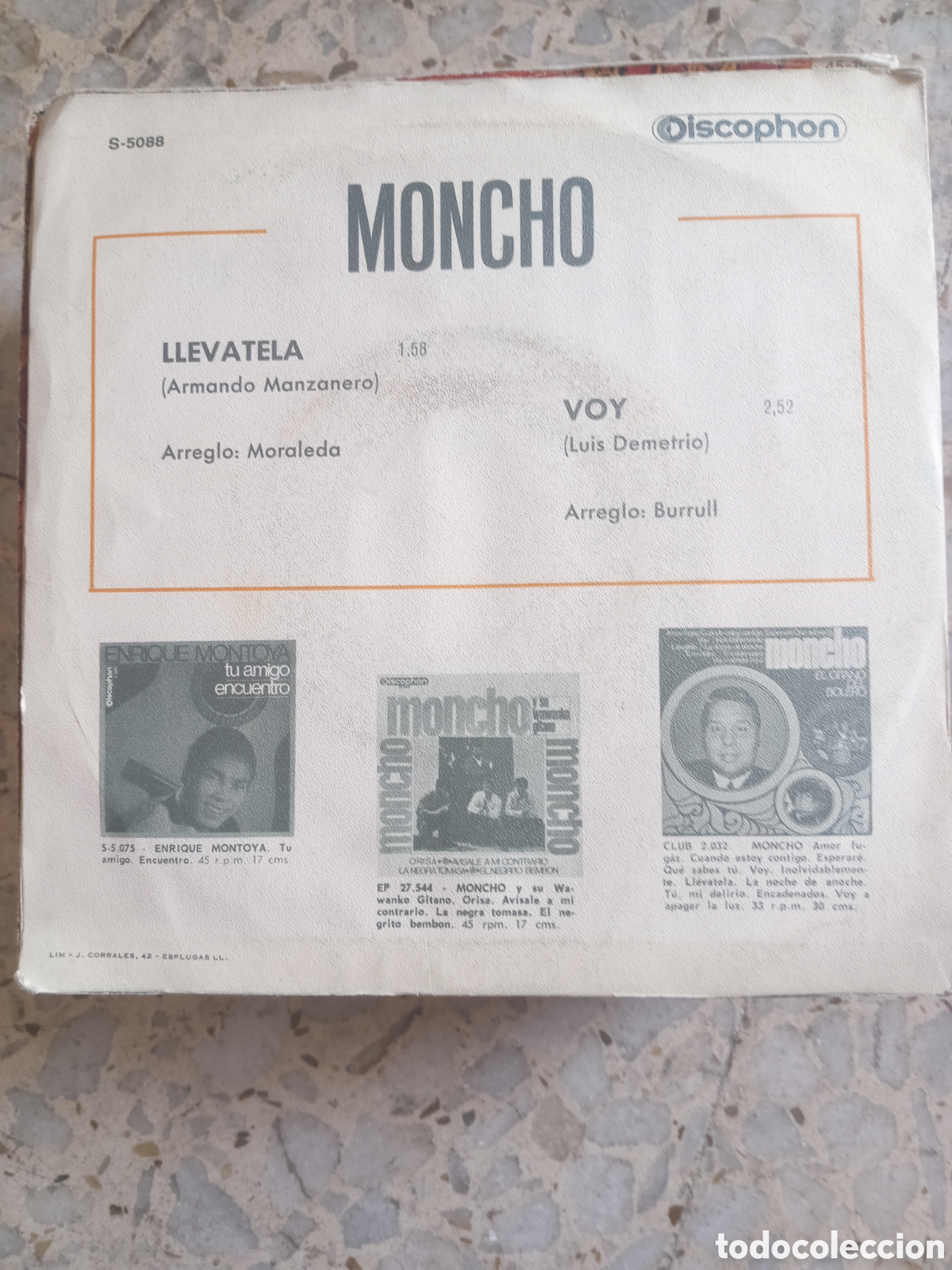 Discos de vinilo: SGL MONCHO EL GITANO DEL BOLERO LLEVATELA 1970 - Foto 2