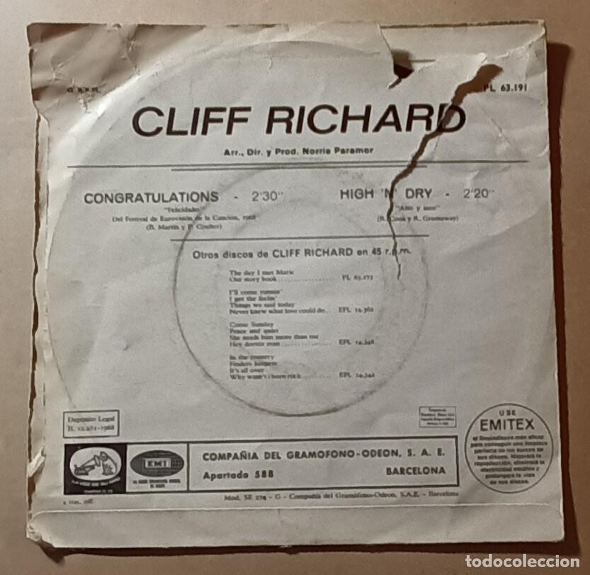 Discos de vinilo: Single - CLIFF RICHARD - A: CONGRATULATIONS - B: HIGH N DRY - Foto 2
