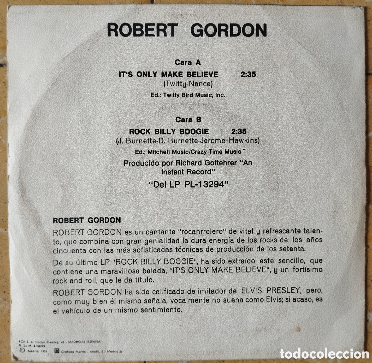 Discos de vinilo: Robert Gordon - Its only Make belive - single - Foto 3