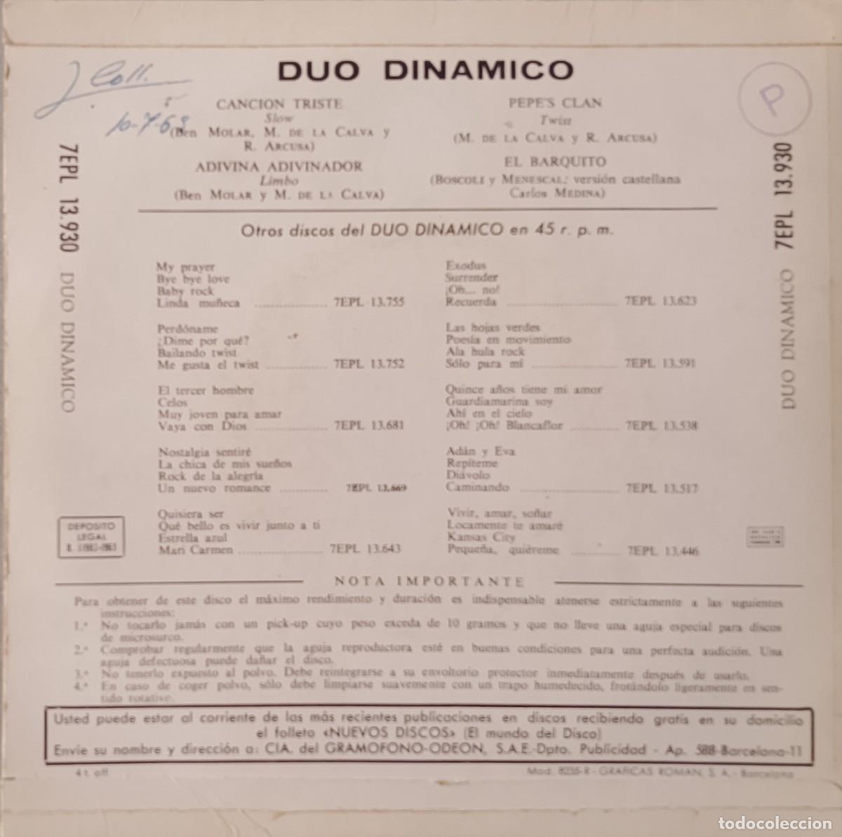 Discos de vinilo: D&uacute;o Din&aacute;mico. Canci&oacute;n triste. Vinilo single EP. - Foto 2